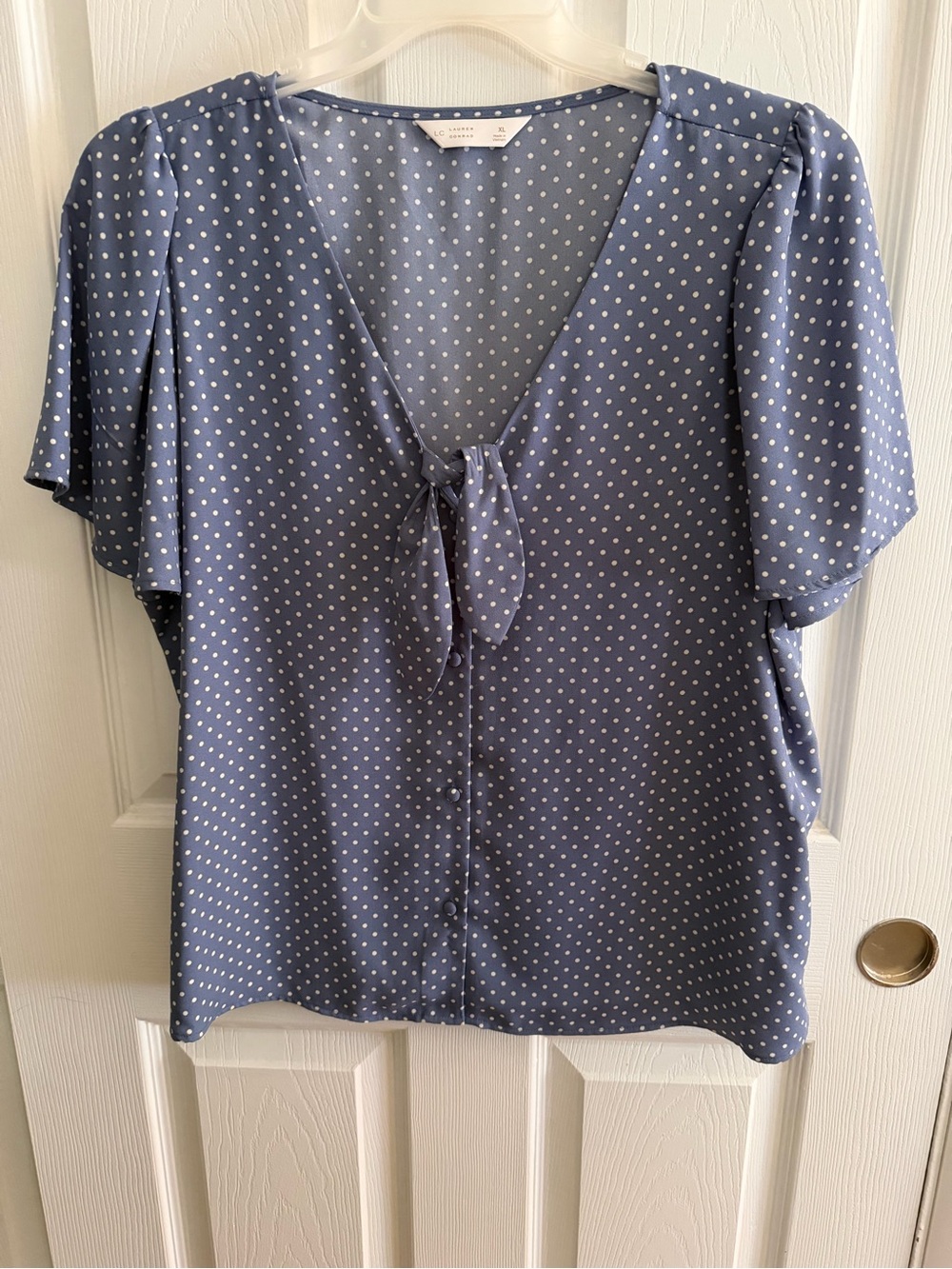 LC Lauren Conrad Blue Polka Dot Tie-Front Blouse